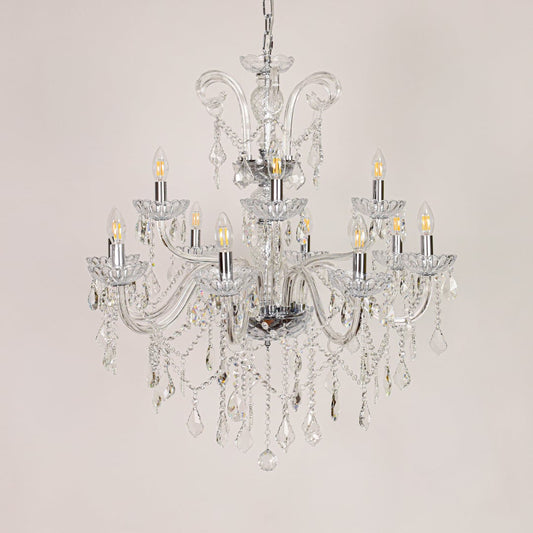 Large clear crystal chandelier displayed on white background ideal for classic bright interior ceiling styling.