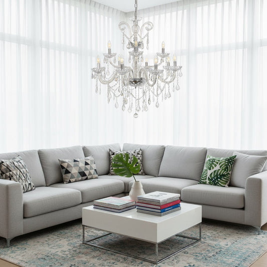 Large clear crystal chandelier adds bright elegant lighting to living room or dining room ceilings creating a luxury ambience.