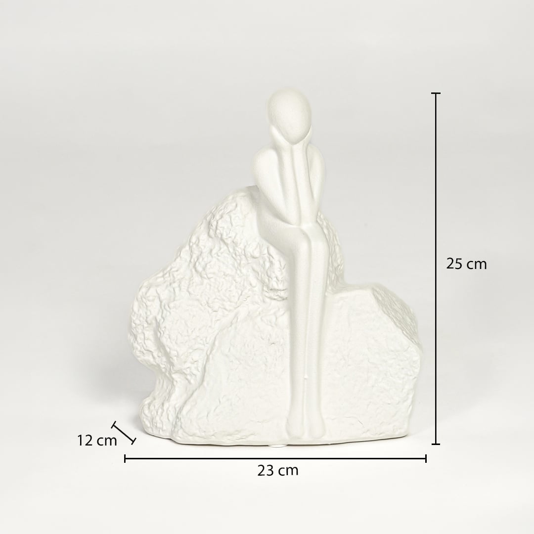 White ceramic sitting figurine sculpture 25 cm height 23 cm width ideal for console table and shelf decor.
