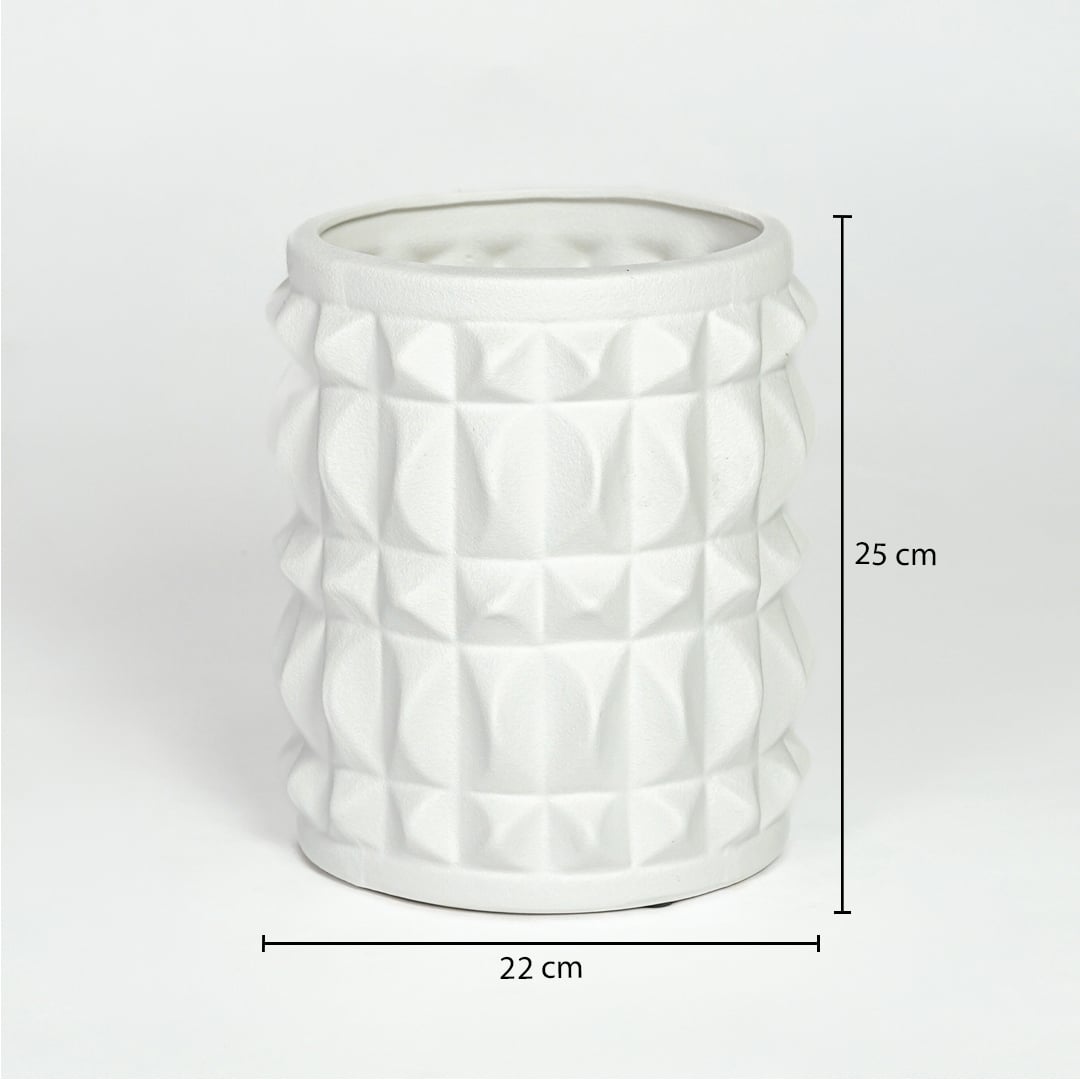 White ceramic geometric planter measuring 25 cm height and 22 cm width perfect for modern indoor decor styling.