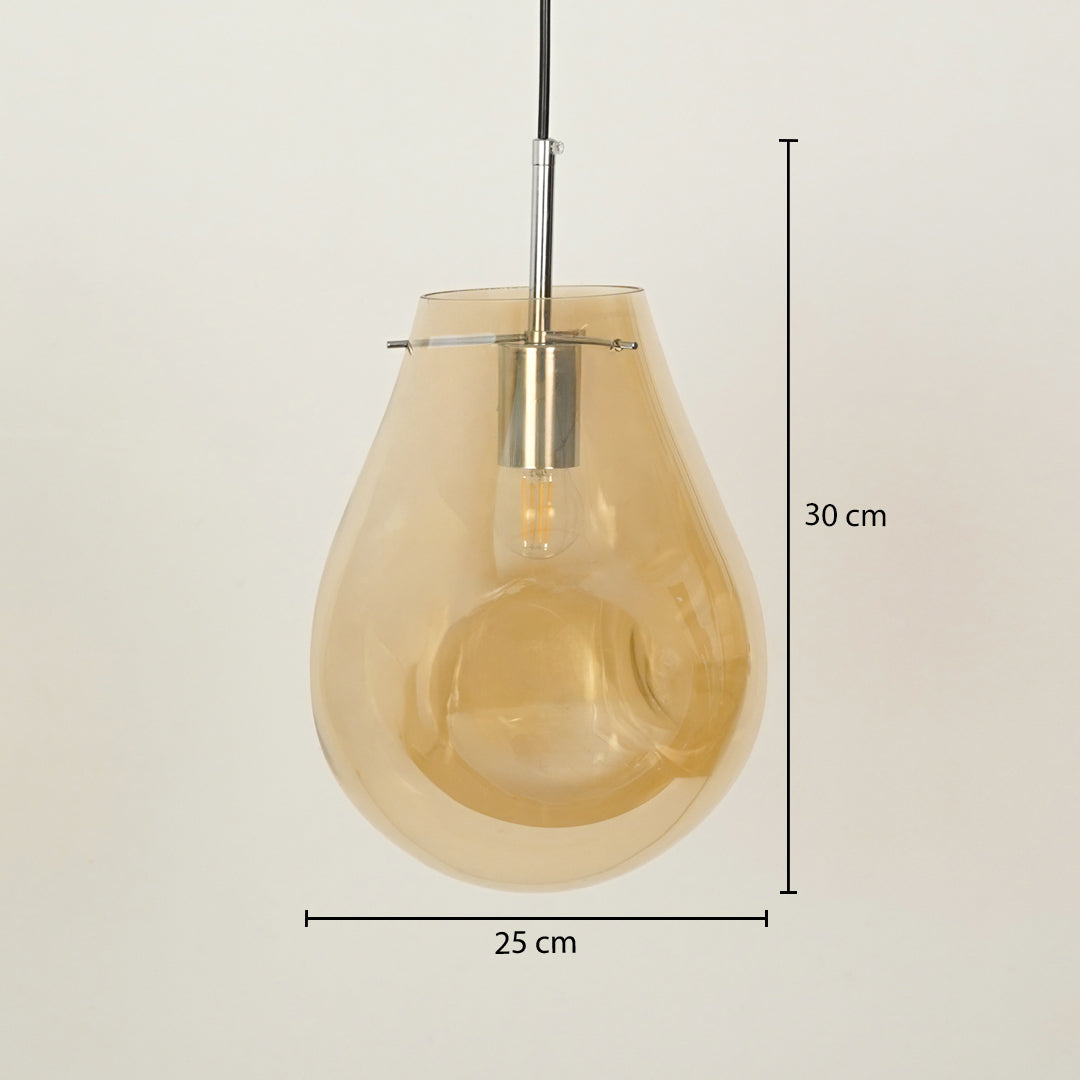 Amber glass pendant light with chrome finish and measured size for ceiling lighting selection.