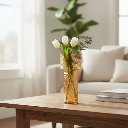 Amber textured glass floor vase styled in living room corner modern decorative glass accent for console floor or table styling home.