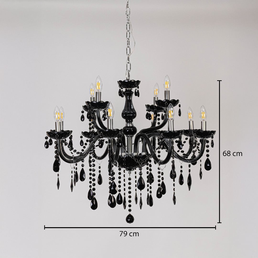 Black chandelier with glossy finish and crystal detailing shown with 79 cm width and 68 cm height for lighting.
