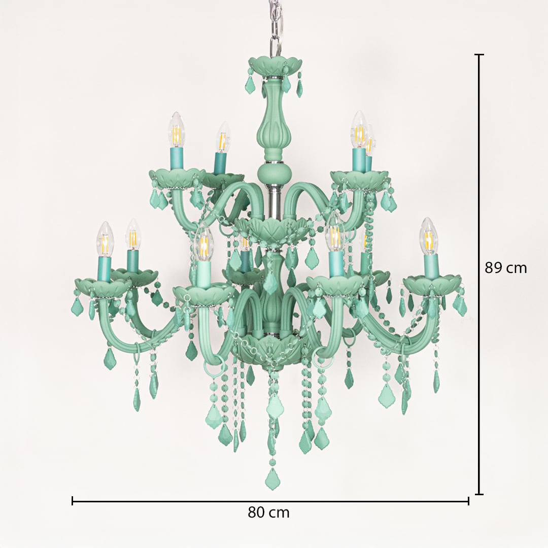 Large green crystal chandelier sized 89 cm height and 80 cm width ideal for stylish living room or dining room ceiling lighting.
