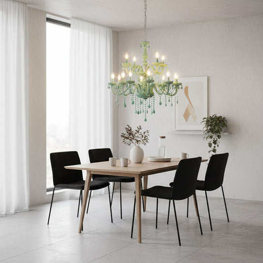Large green crystal chandelier adds vibrant elegant lighting to living room or dining room ceilings creating a bold luxury look.