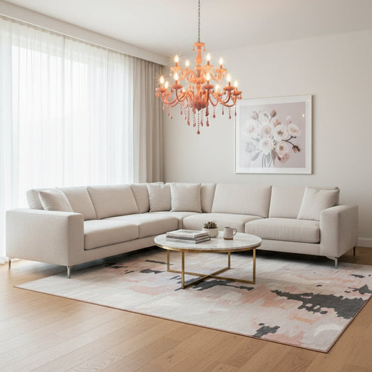 Large pink crystal chandelier adds vibrant elegant lighting to living room or dining room ceilings creating a bold luxury look.