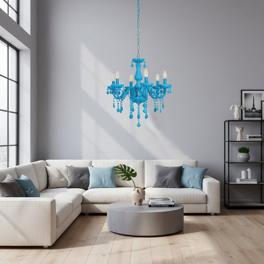 Blue crystal chandelier adds vibrant elegant lighting to living room or dining room ceilings creating a bold modern look.