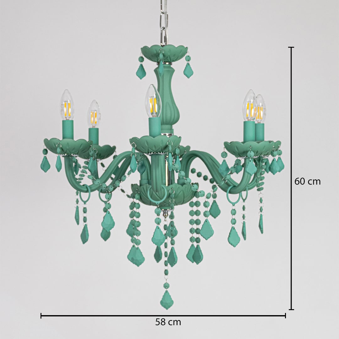 Green crystal chandelier sized 60 cm height and 58 cm width ideal for stylish living room or dining room ceiling lighting.