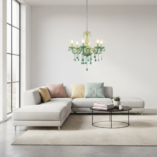 Green crystal chandelier adds vibrant elegant lighting to living room or dining room ceilings creating a bold stylish look.