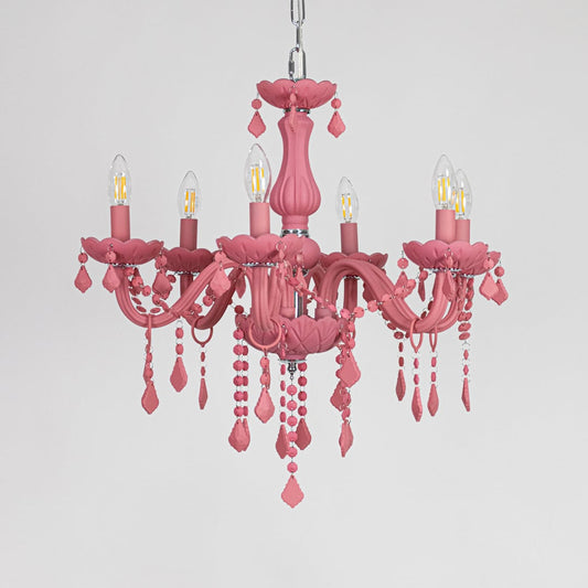 Pink crystal chandelier displayed on white background ideal for colorful bright interior ceiling styling.