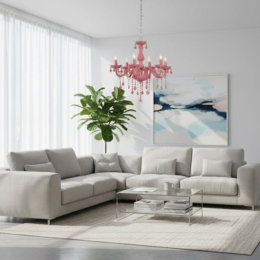 Pink crystal chandelier adds vibrant elegant lighting to living room or dining room ceilings creating a bold stylish look.