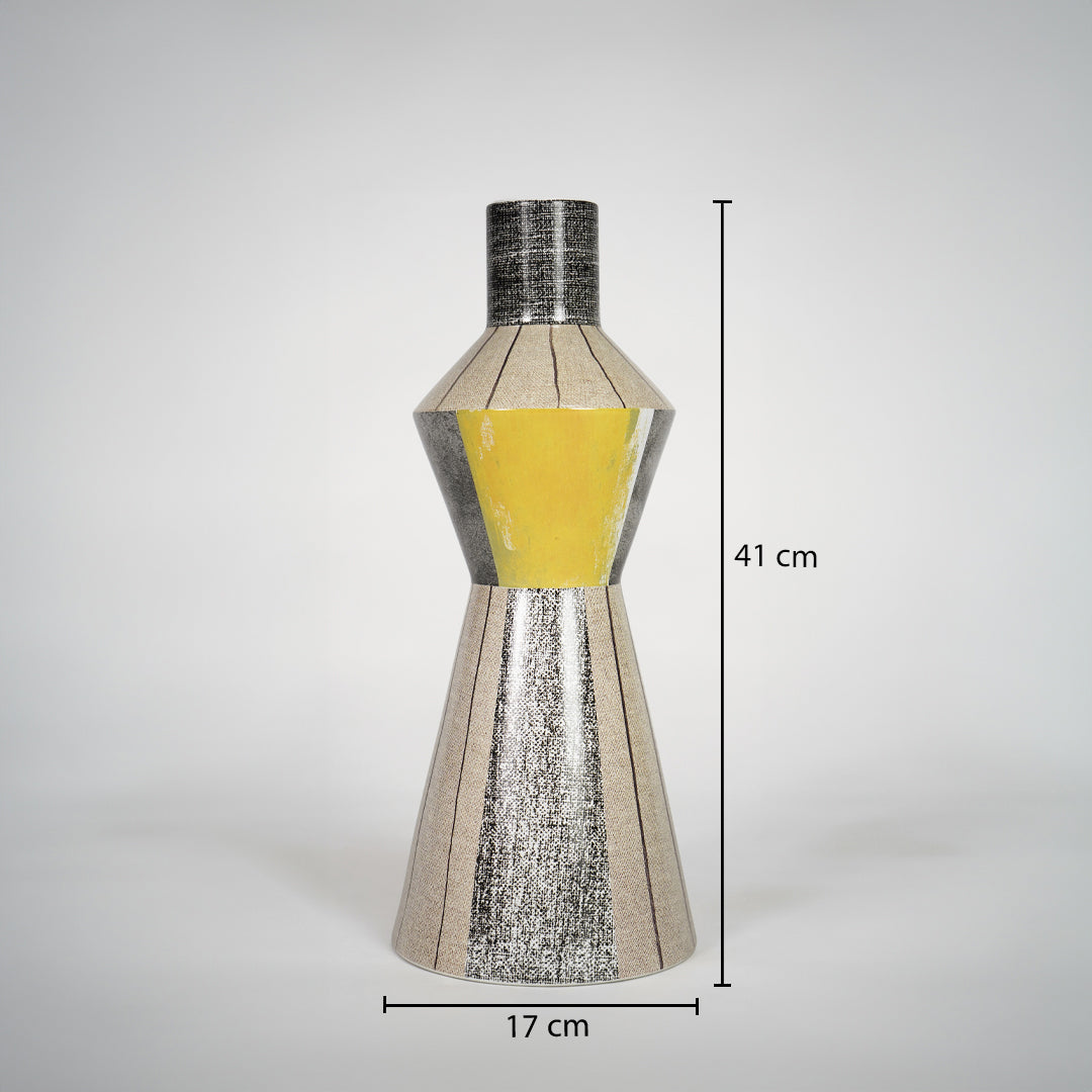 Silver and yellow metal decorative vase dimension image with 41 cm height and 17 cm width for shelf decor.