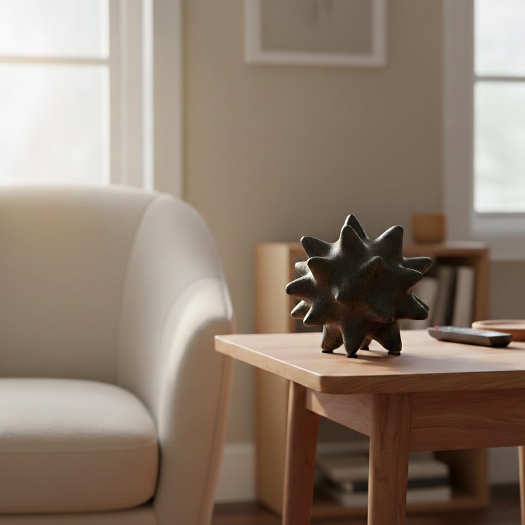 Matte black spiked ceramic accent piece displayed on side table beside sofa in cozy minimalist interior setting.