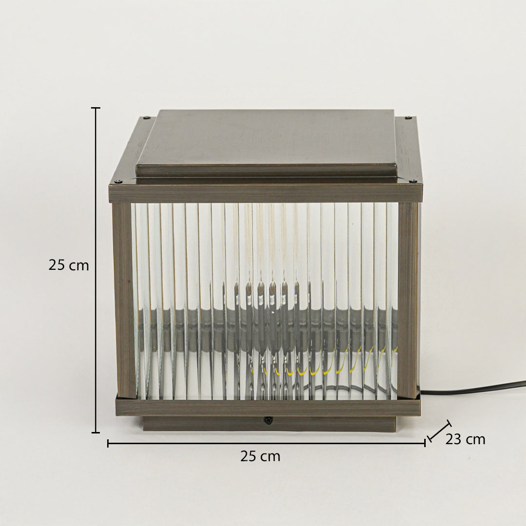 Modern outdoor wall light with rectangular metal frame and ribbed glass diffuser on neutral background 25 cm height 25 cm width 23 cm depth perfect for exterior decor lighting.