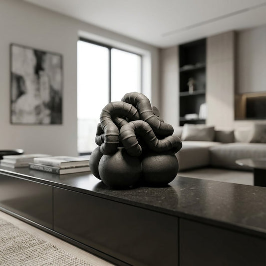 Black ceramic abstract decor sculpture placed on table modern showpiece for living room console home decor styling.