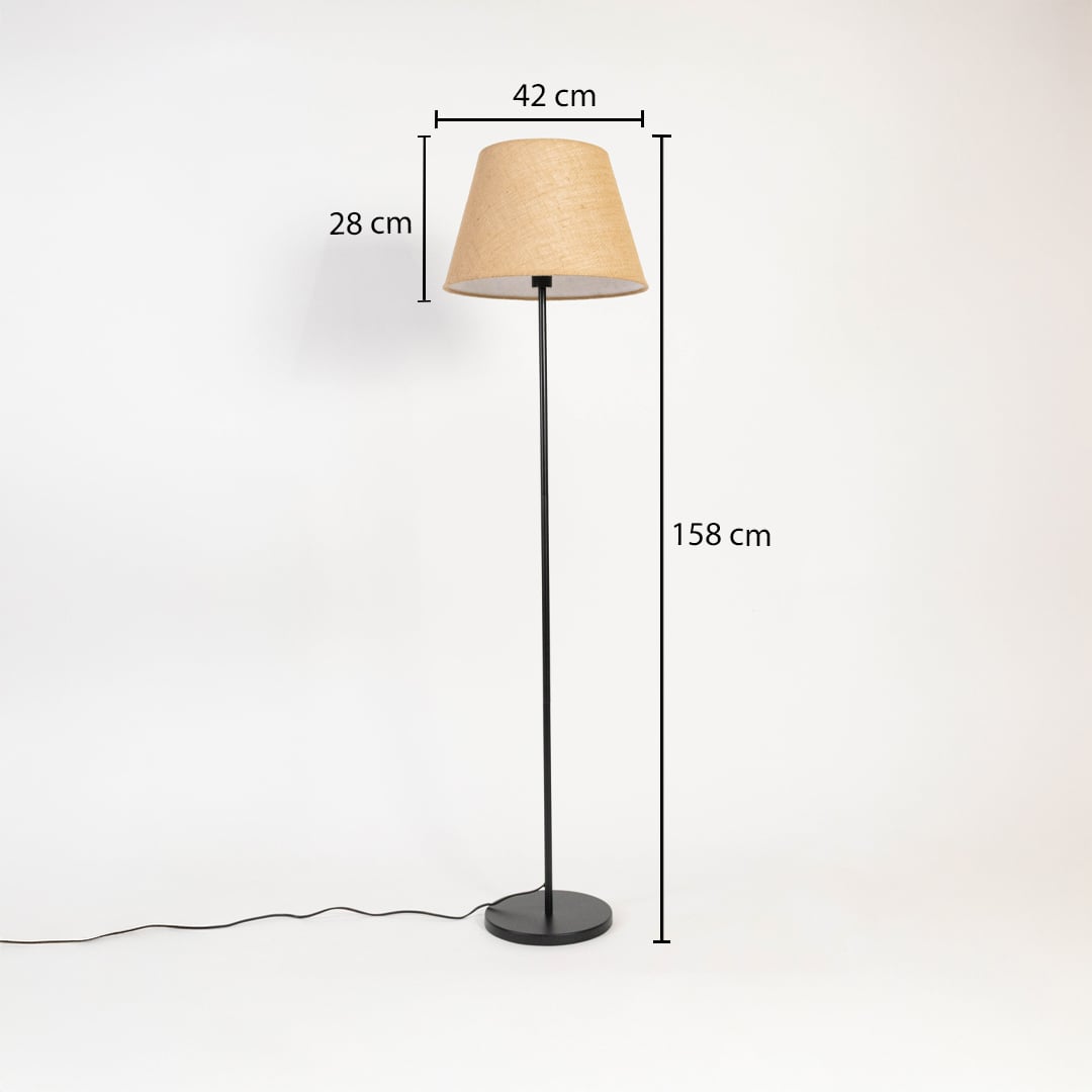 Beige floor lamp with fabric shade height 158 cm shade diameter 42 cm depth 28 cm shown with measurements.