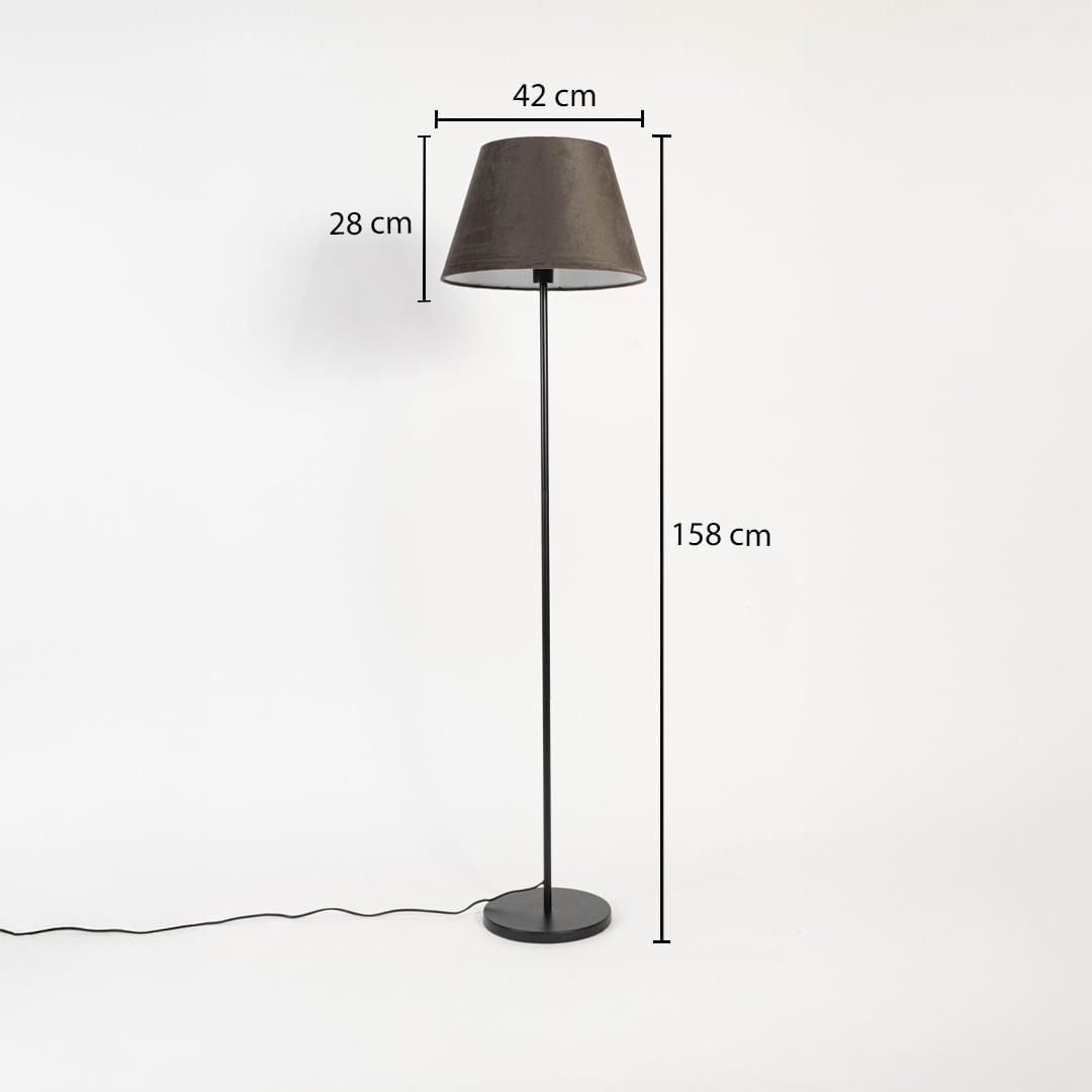 Brown fabric shade floor lamp with slim black stand 158 cm height 42 cm width and 28 cm shade depth.