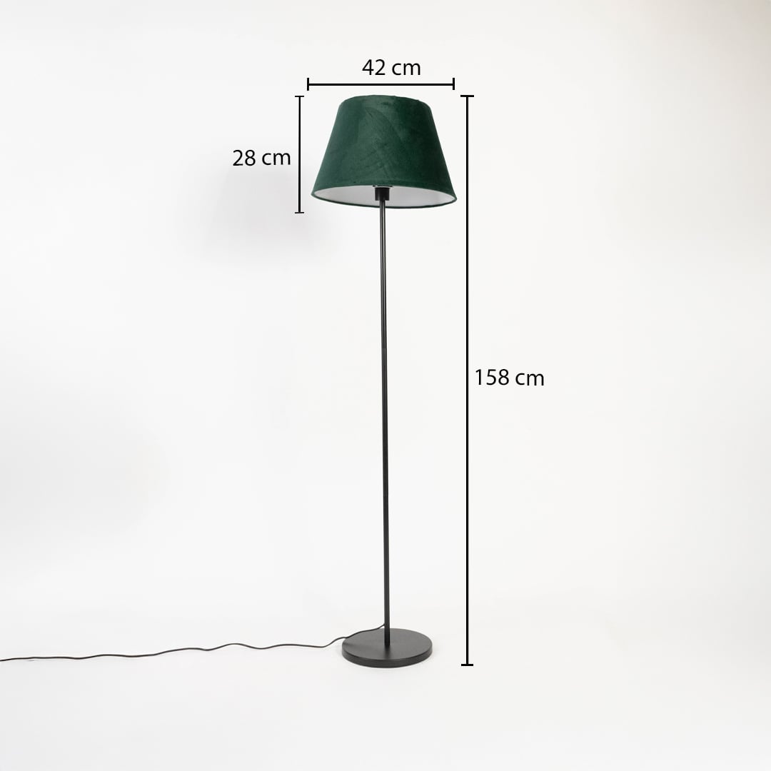 Dark green shade floor lamp with slim black stand 158 cm height 42 cm width and 28 cm shade depth.