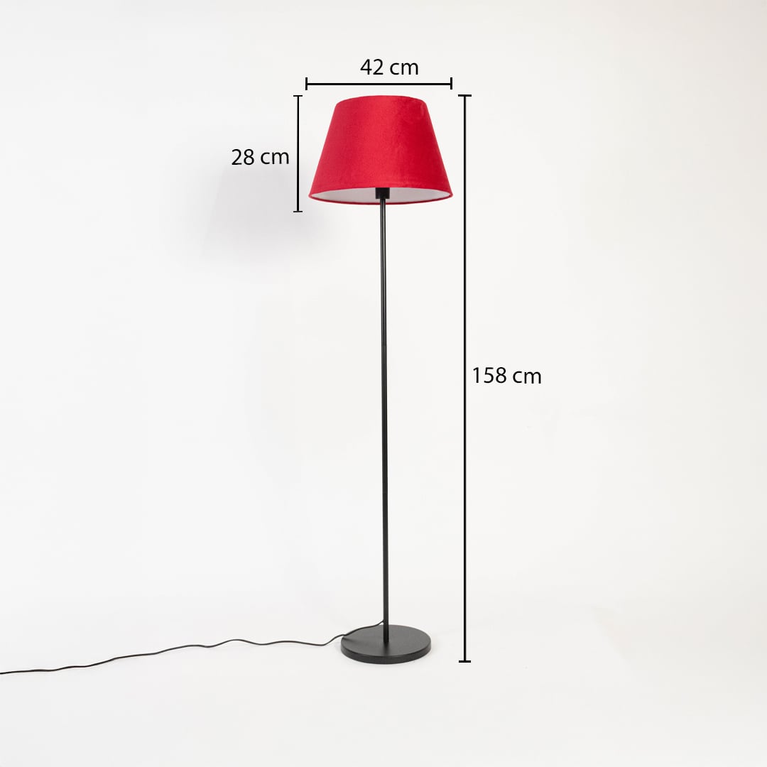 Red fabric shade floor lamp with slim black stand 158 cm height 42 cm width and 28 cm shade depth.