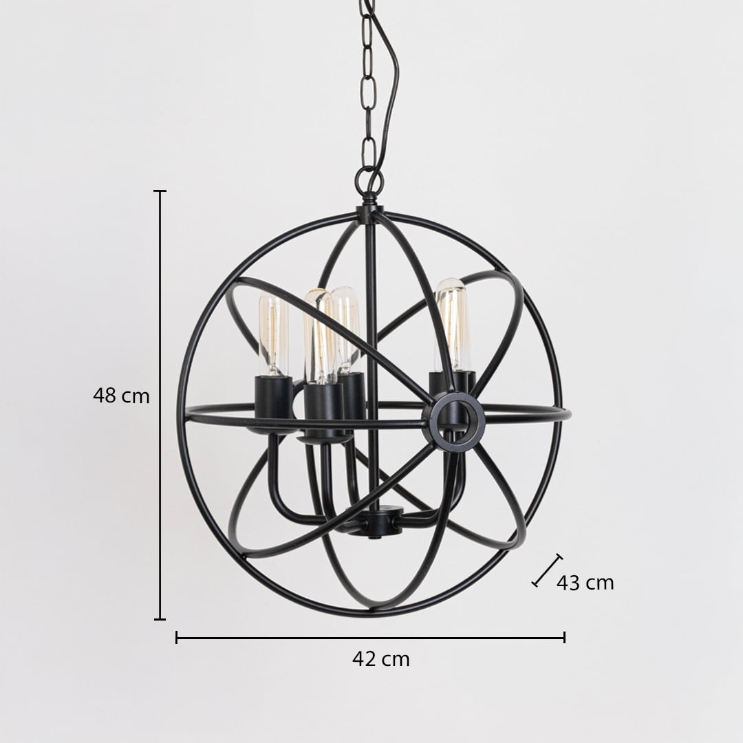 Black chandelier with open frame and bulbs shown with dimensions 48cm height and 42cm width for ceiling placement