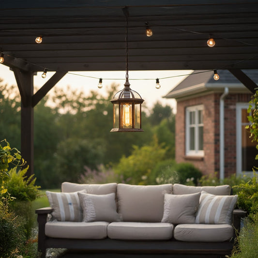 Vintage black metal hanging lantern light creating cozy outdoor sofa seating with warm evening ambiance.