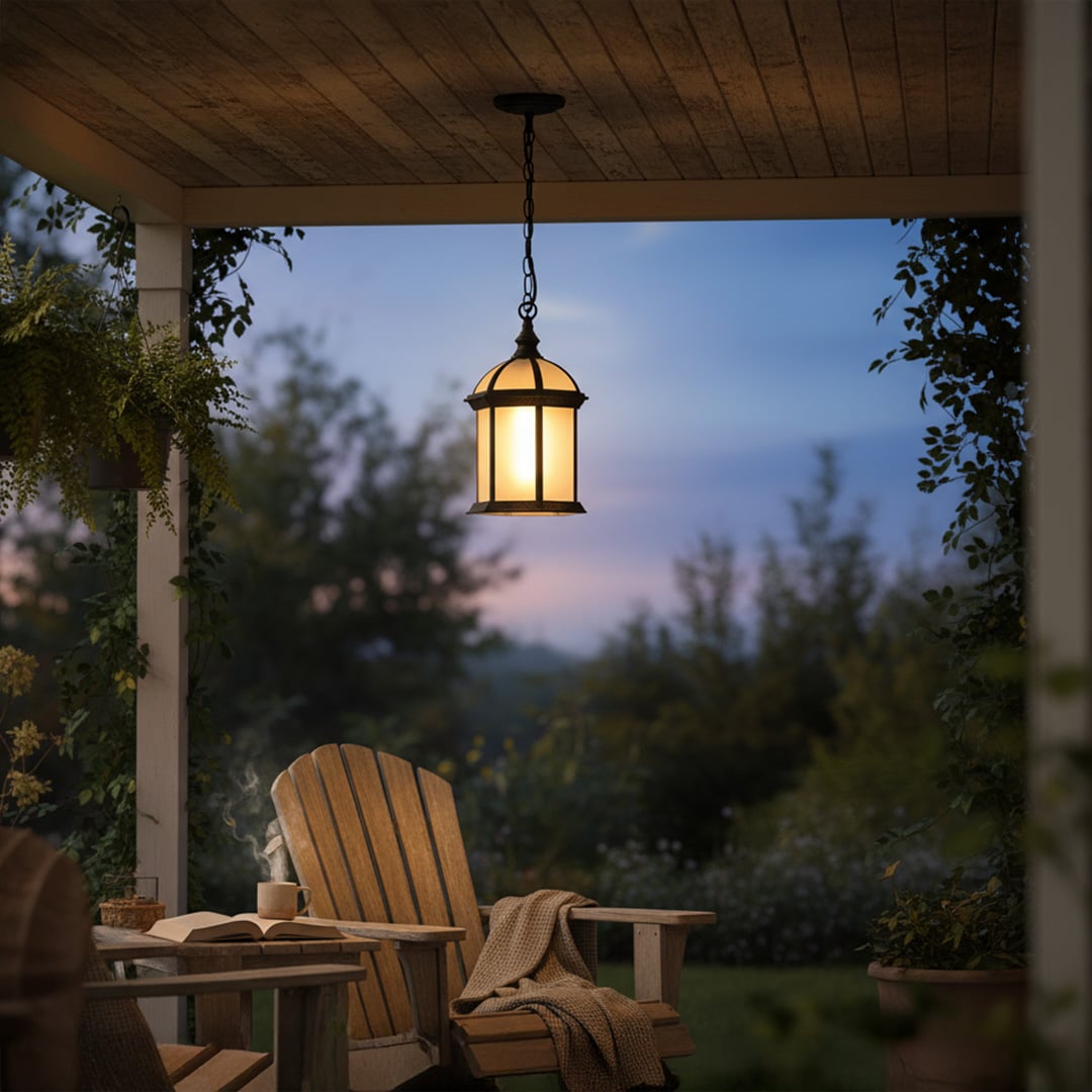 Elegant black metal hanging lantern light illuminating outdoor patio seating with warm ambient glow.