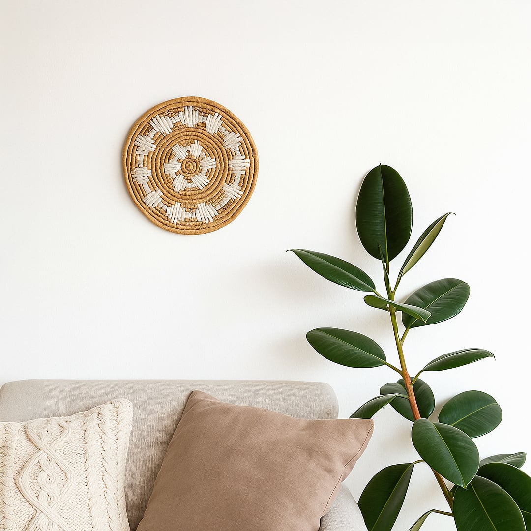Small beige and white woven wall basket hanging on a white wall above a beige sofa with a rubber plant for boho living room decor.