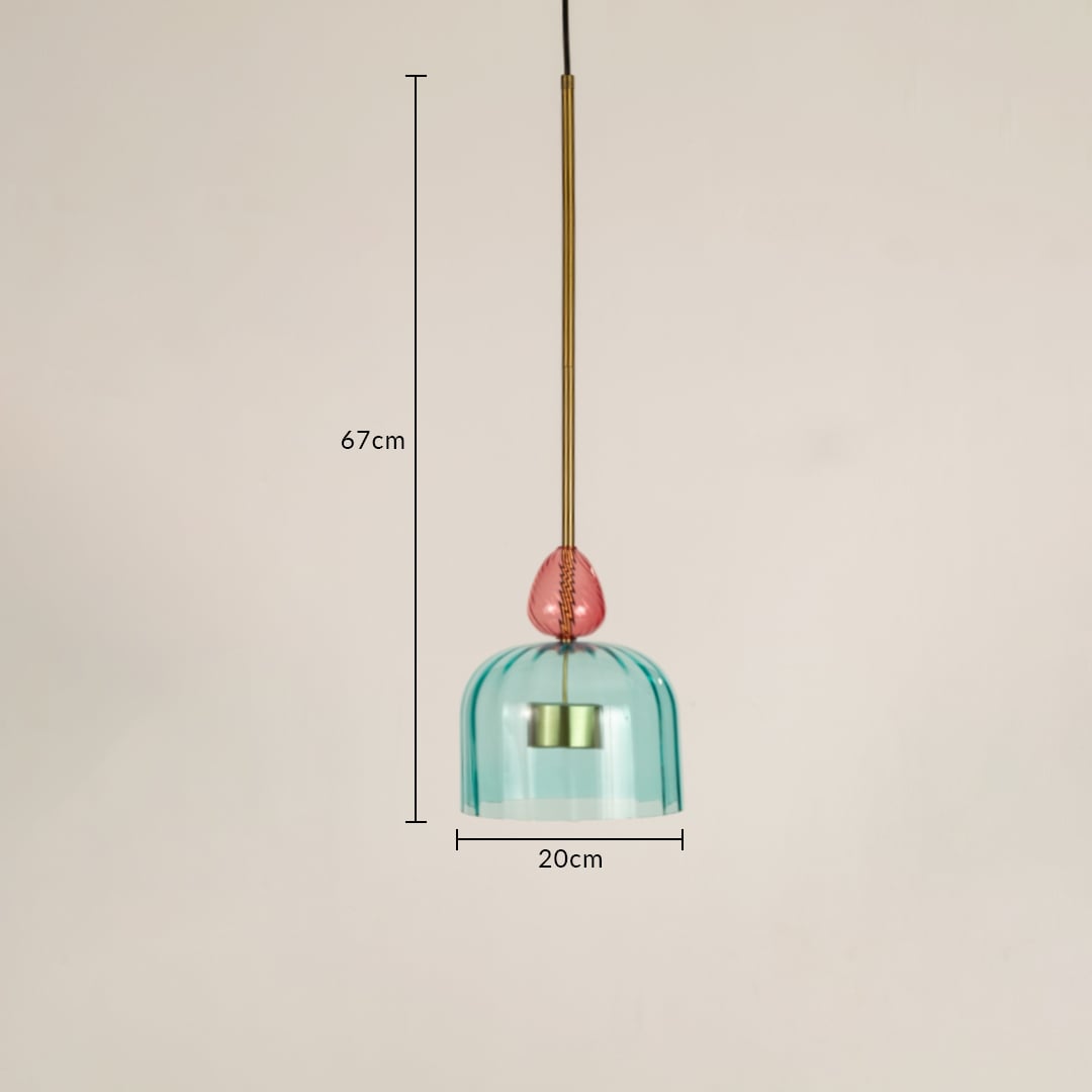 Dimension image of aqua blue glass pendant light with pink accent and brass stem showing 57 cm height and 20 cm width.