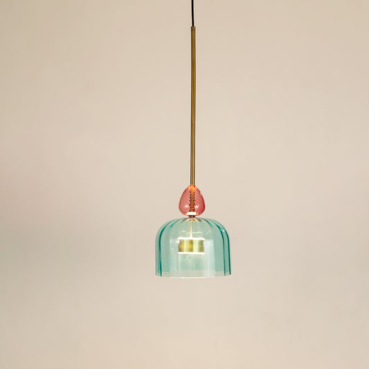 Turquoise ribbed glass pendant light with coral details crafted for stylish contemporary interiors.