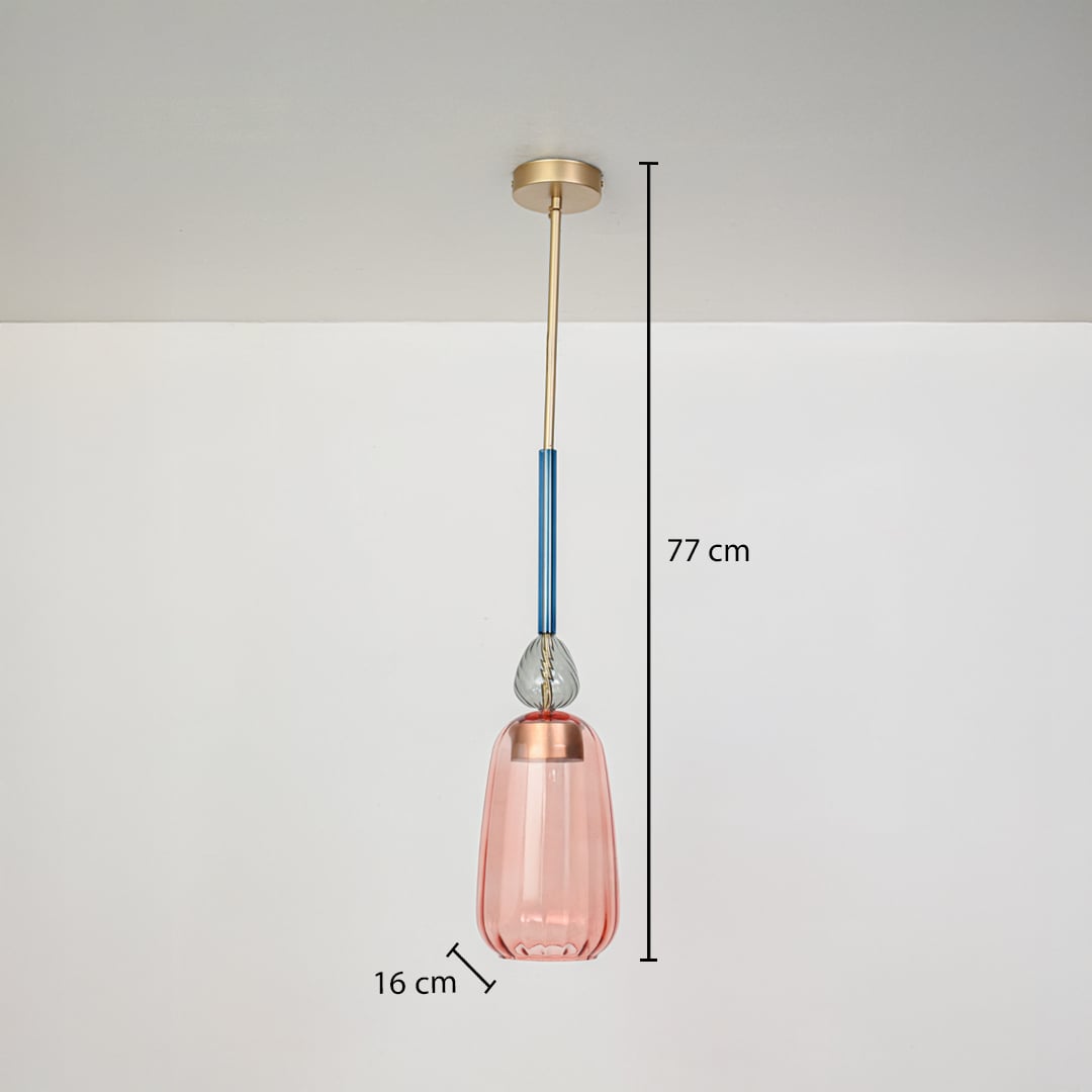 Dimension image of pink ribbed glass pendant light with brass finish showing 77 cm hanging height and 16 cm width.