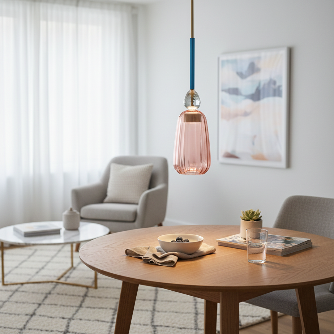 Pink glass pendant light with blue accents enhancing dining room decor with artistic elegance.