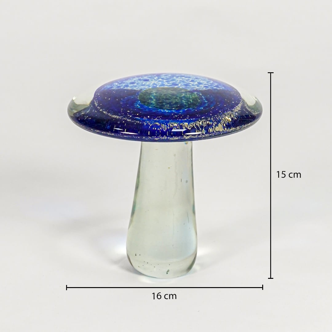 Blue art glass mushroom decor object dimension image showing 15 cm height and 16 cm width decorative glass accent for table styling.