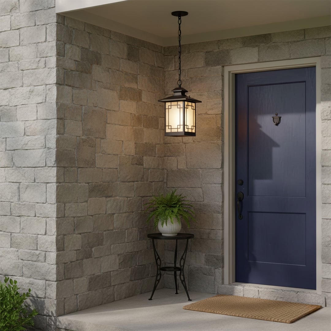 Black hanging outdoor lantern with light on illuminating a stone porch near a blue door creating a warm welcoming glow for entryways and covered outdoor spaces.