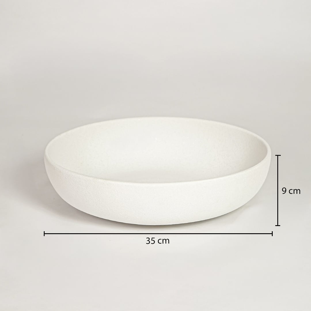 White ceramic wide decorative bowl measuring 9 cm height and 35 cm width ideal for modern tabletop decor styling.