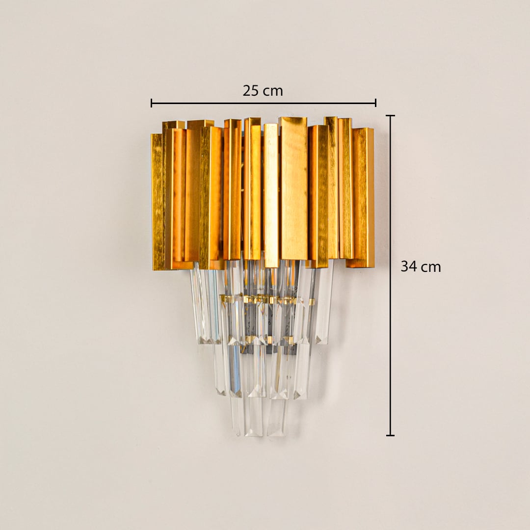 Gold metal and crystal wall light measuring 34 cm height and 25 cm width designed for premium wall mounting decor.
