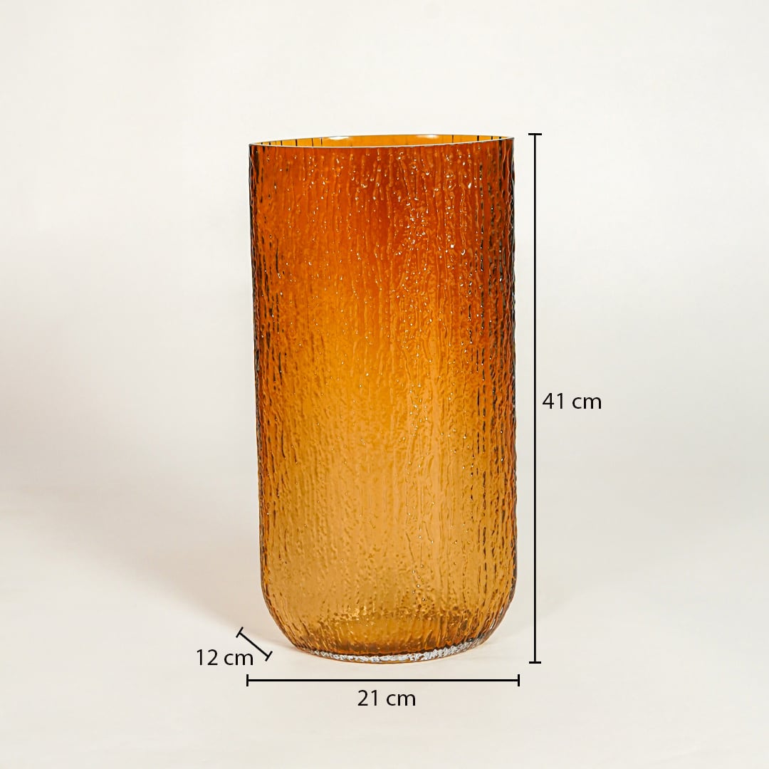 Amber textured glass vase dimension image showing 41 cm height 21 cm width and 12 cm depth decorative glass accent for floor styling.