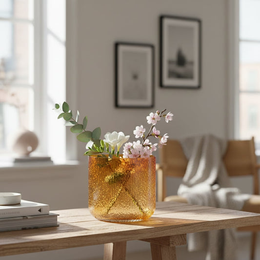 Amber textured glass planter styled on living room floor modern decorative glass accent for console corner or table styling home.