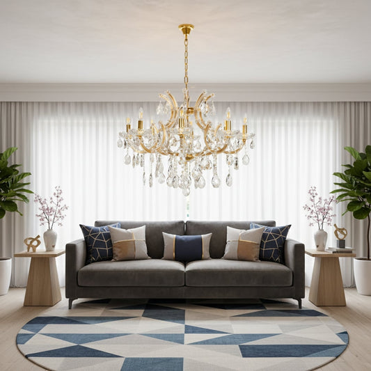 Elegant gold crystal chandelier with sparkling drops adding luxury lighting style for living room and dining room decor.