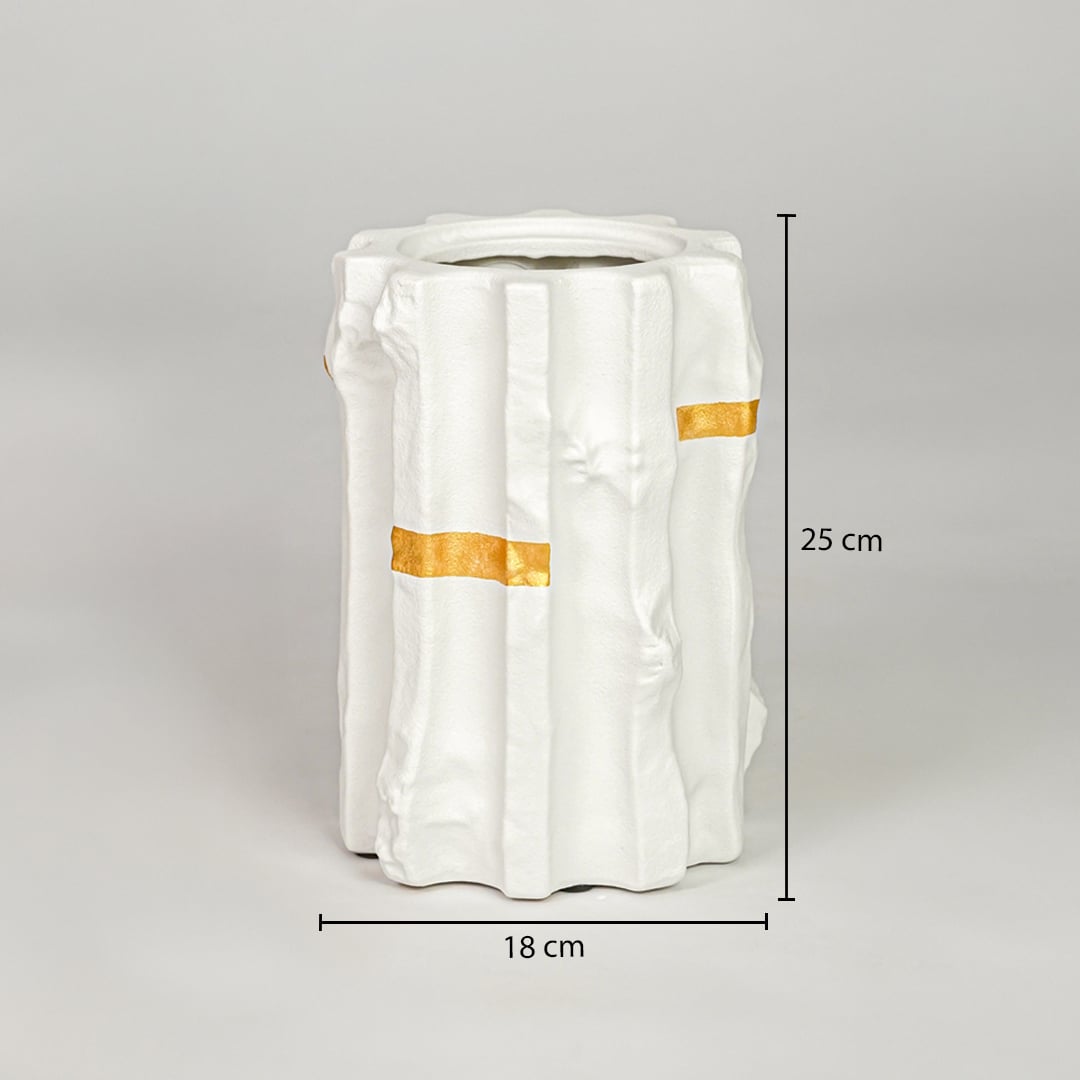 White ceramic decorative vase size 25 cm height 16 cm width modern flower vase for table console shelf styling.