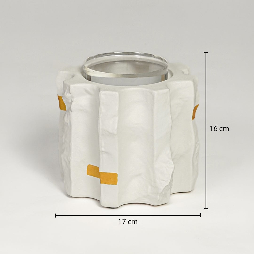 White ceramic vase with gold accents measuring 16 cm height and 17 cm width ideal for tabletop decor placement.
