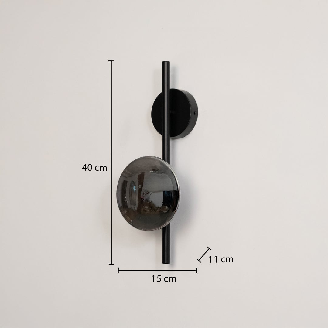 Black wall light with smoked textured glass shade shown with 40 cm height and 15 cm width for accurate sizing.