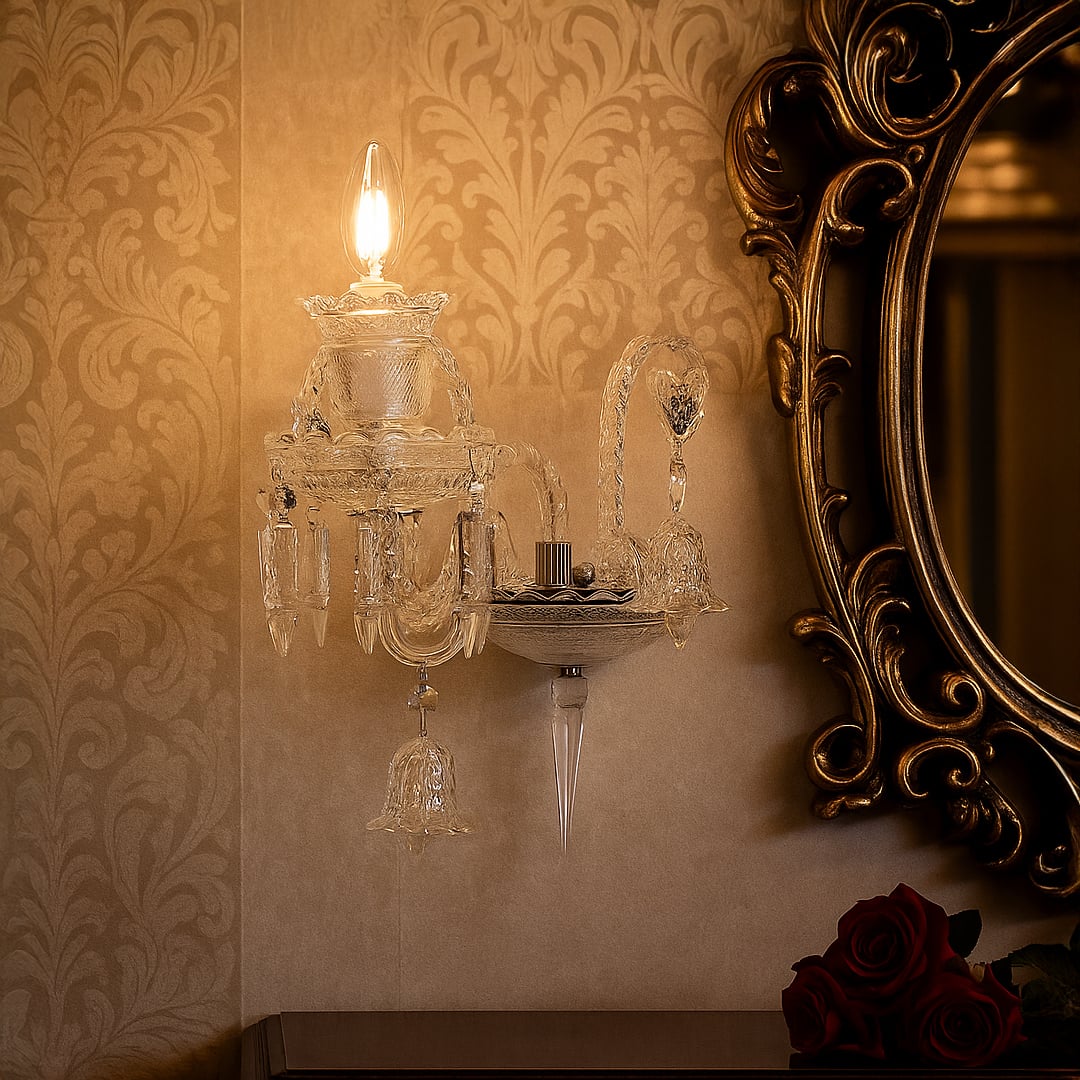Crystal wall light glowing in vintage interior with classic furniture golden wallpaper and mirror decor.