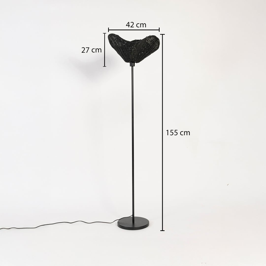 Black floor lamp with rattan woven shade measuring 155 cm height 42 cm width and 27 cm shade depth.