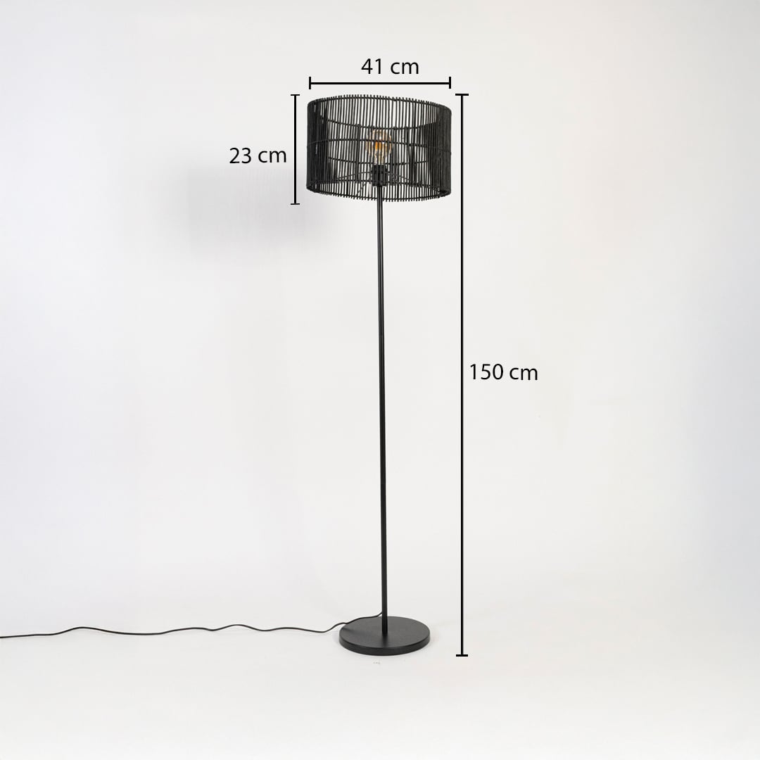 Black floor lamp with woven rattan shade measuring 150 cm height 41 cm width and 23 cm shade depth.