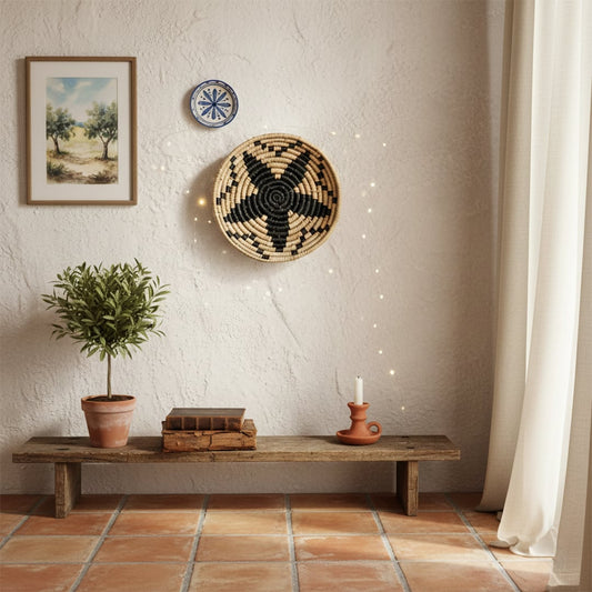 Lifestyle image of coastline charm handwoven sabai grass hanging wall basket for elegant home decor and modern wall styling.