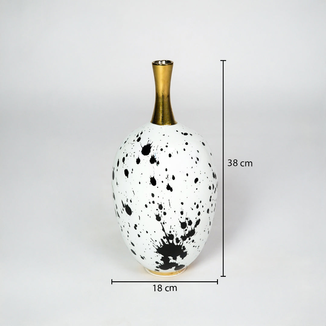 White and black ceramic vase with gold neck dimension image with 39 cm height and 18 cm width for decor.