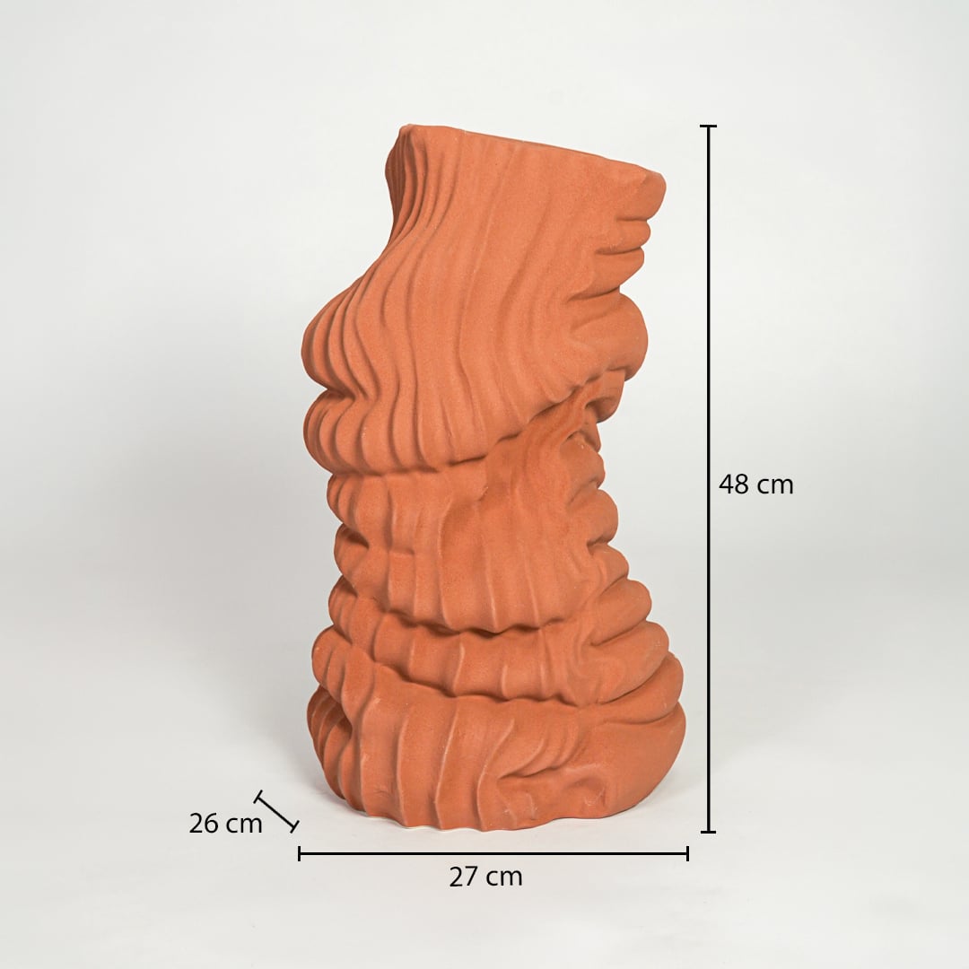 Terracotta sculptural ceramic floor vase dimension image showing 48 cm height and 27 cm width modern statement decor.