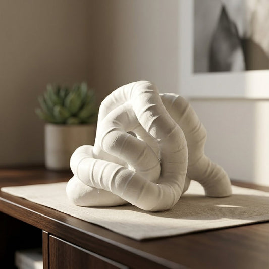 White ceramic abstract decor sculpture placed on table modern decorative showpiece for living room home decor styling.