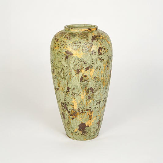 White background image of green ceramic decorative vase for modern floor placement with textured rustic finish.