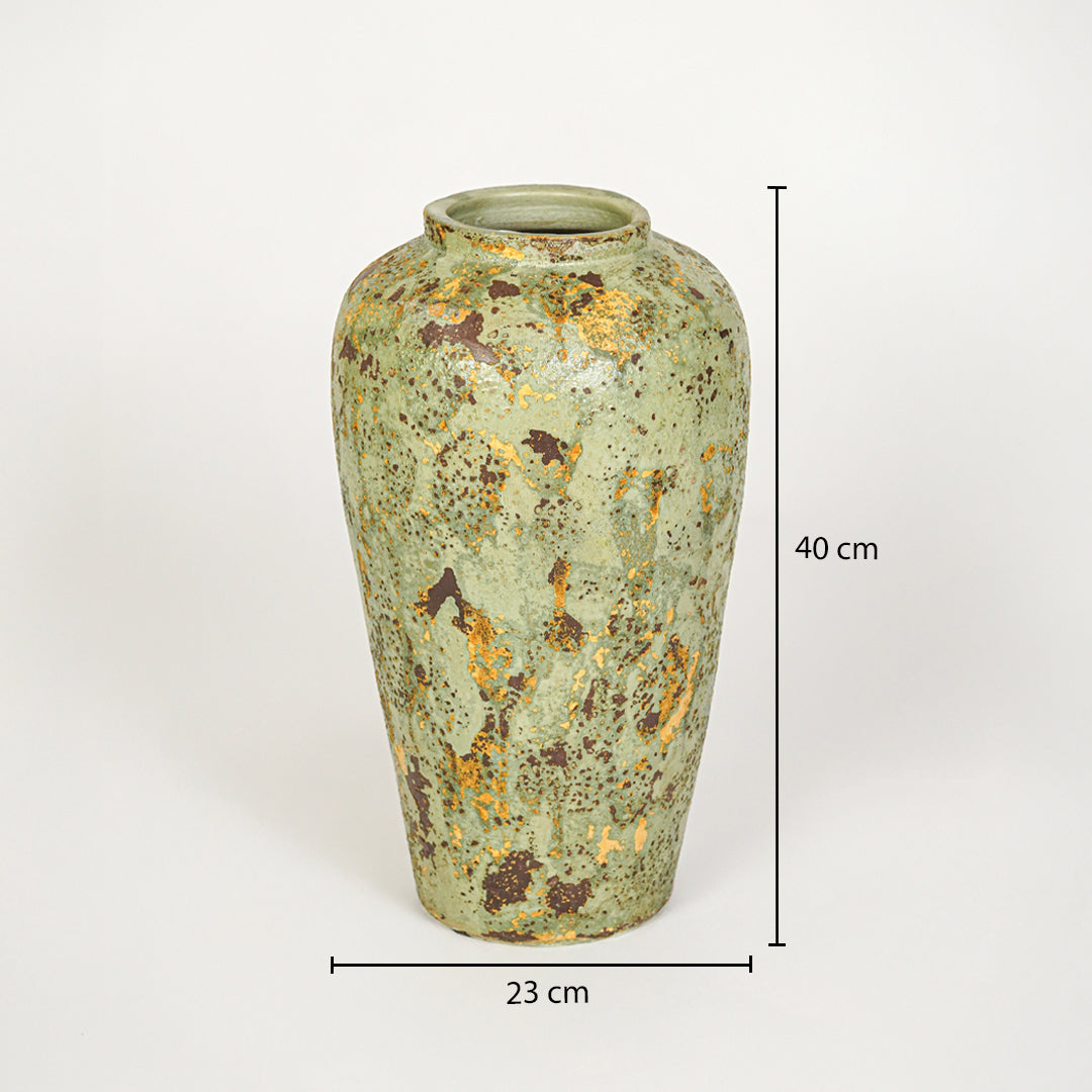 Dimension image of green ceramic floor vase for elegant home decor styling with artistic textured finish.